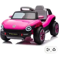 Vrooomy Volkswagen E-Buggy 12V Elektrische Kinderauto 1 tot 5 jaar – Officieel Gelicentieerd Accuvoertuig met Afstandsbediening – Retro Strandauto met Bluetooth, Kofferbak & Schokdempers – Roze