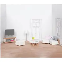 Goki Poppenhuismeubeltjes: DESIGN WOONKAMER, 15-delig, 9,5x3x4cm (televisiekast), beukenhout en stof, 3+