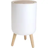 Intirilife cosmetic bin hoge afvalemmer in wit met beige deksel en bamboe-look - 22,2 x 36,4 cm - tafelemmer met drukknop opening voor badkamer kantoor keuken afvalemmer met krasbescherming