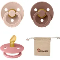 BIBS Dental fopspenen Anatomical 0-6 maanden- Set 3 stuks- Blush, Dusty Pink, Woodchuck + Monkiezz speenzakje - orthodontisch- Anatomisch- Maat 1