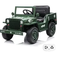 Vrooomy Willys Elektrische kinderauto (12V) (1-6 jaar) – Militaire Jeep met retro-design, inclusief 2.4G afstandsbediening, EVA-banden en lederen stoel – Elektrische kinderauto voor off-road gebruik – Groen