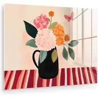 MuchoWow Glasschilderij 160x120 cm - Schilderij acrylglas - Vaas - Bloemen - Vlinder - Rood - Foto op glas - Muurdecoratie woonkamer - Wanddecoratie slaapkamer - Schilderijen