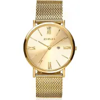 Zinzi Roman horloge goudkleurige wijzerplaat stalen kast geelgoudkleurig stalen mesh band geelgoudkleurig 34mm extra dun ZIW510M