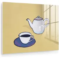 MuchoWow Glasschilderij 160x120 cm - Schilderij acrylglas - Theepot - Kopje - Beige - Illustratie - Foto op glas - Muurdecoratie woonkamer - Wanddecoratie slaapkamer - Schilderijen