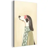 MuchoWow Aluminium schilderij 80x120 cm - Wanddecoratie metaal - Hond - Zonnebril - Sjaal - Metalen muurdecoratie woonkamer - Decoratie industrieel - Foto op dibond - Industriële accessoires slaapkamer
