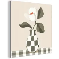 MuchoWow Aluminium schilderij 20x20 cm - Wanddecoratie metaal - Vaas - Geruit - Groen - Bloem - Metalen muurdecoratie woonkamer - Decoratie industrieel - Foto op dibond - Industriële accessoires slaapkamer