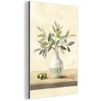 MuchoWow Aluminium schilderij 20x30 cm - Wanddecoratie metaal - Vaas - Keramiek - Olijftakken - Metalen muurdecoratie woonkamer - Decoratie industrieel - Foto op dibond - Industriële accessoires slaapkamer