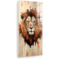 MuchoWow Glasschilderij 60x120 cm - Schilderij acrylglas - Leeuwenkop - Lijnen - Crème - Foto op glas - Muurdecoratie woonkamer - Wanddecoratie slaapkamer - Schilderijen