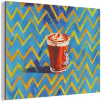 MuchoWow Aluminium schilderij 80x60 cm - Wanddecoratie metaal - Mok - Koffie - Zigzag - Slagroom - Metalen muurdecoratie woonkamer - Decoratie industrieel - Foto op dibond - Industriële accessoires slaapkamer