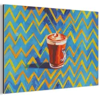 MuchoWow Aluminium schilderij 60x40 cm - Wanddecoratie metaal - Mok - Koffie - Zigzag - Slagroom - Metalen muurdecoratie woonkamer - Decoratie industrieel - Foto op dibond - Industriële accessoires slaapkamer