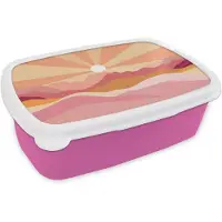 MuchoWow Broodtrommel Roze - Lunchbox Bergen - Abstract - Zonnestralen - Roze - Brooddoos 18x12x6 cm - Brood lunch box - Broodtrommels voor kinderen en volwassenen