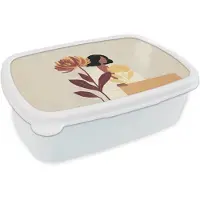 MuchoWow Broodtrommel Wit - Lunchbox Vrouw - Minimalistisch - Bloem - Brooddoos 18x12x6 cm - Brood lunch box - Broodtrommels voor kinderen en volwassenen
