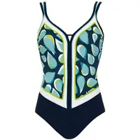 Sunflair damesbadpak – V-hals – comfortabel – blauw met printpanelen - 40 C