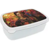 MuchoWow Broodtrommel Wit - Lunchbox Vrouw - Bloemen - Papegaai - Schilderachtig - Brooddoos 18x12x6 cm - Brood lunch box - Broodtrommels voor kinderen en volwassenen