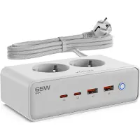 Voomy 65W Stekkerdoos - 2 USB-C & 2 USB-A Poorten - 2 Stopcontacten - Aan / Uit schakelaar - Snellader voor Laptop, Telefoon & Tablet - Oplader, Adapter, Verlengsnoer - Wit