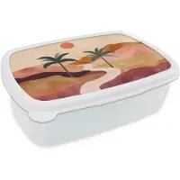 MuchoWow Broodtrommel Wit - Lunchbox Heuvels - Palmbomen - Abstract - Brooddoos 18x12x6 cm - Brood lunch box - Broodtrommels voor kinderen en volwassenen