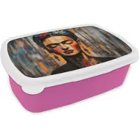 MuchoWow Broodtrommel Roze - Lunchbox Portret - Vrouw - Bloemen - Brooddoos 18x12x6 cm - Brood lunch box - Broodtrommels voor kinderen en volwassenen