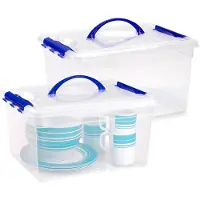 PlasticForte Opslagbox - 2x - met deksel - transparant blauw - 12 liter - 34 x 27 x 18 cm - kunststof - opbergdoos - opbergen