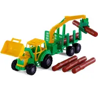 Cavallino Junior tractor speelgoed met kraan-aanhanger en hout, 46 cm. Bouwplezier