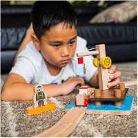 Bigjigs houten trein accessoires: kraan, dok, roeiboot en duikerspeelgoed