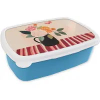 MuchoWow Broodtrommel Blauw - Lunchbox Vaas - Bloemen - Vlinder - Rood - Brooddoos 18x12x6 cm - Brood lunch box - Broodtrommels voor kinderen en volwassenen