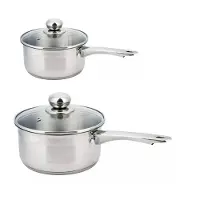 KINGHOFF 2 x steelpan / sauspan - steelpan met glazen deksel - Ø14 en Ø18 cm - RVS - 1 liter en 2,1 liter