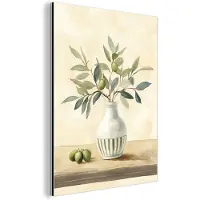MuchoWow Aluminium schilderij 120x160 cm - Wanddecoratie metaal - Vaas - Keramiek - Olijftakken - Metalen muurdecoratie woonkamer - Decoratie industrieel - Foto op dibond - Industriële accessoires slaapkamer