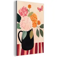 MuchoWow Aluminium schilderij 80x120 cm - Wanddecoratie metaal - Vaas - Bloemen - Vlinder - Rood - Metalen muurdecoratie woonkamer - Decoratie industrieel - Foto op dibond - Industriële accessoires slaapkamer