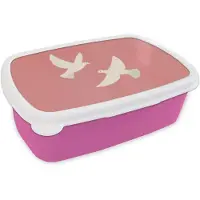 MuchoWow Broodtrommel Roze - Lunchbox Duiven - Wit - Sierlijk - Brooddoos 18x12x6 cm - Brood lunch box - Broodtrommels voor kinderen en volwassenen