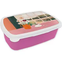 MuchoWow Broodtrommel Roze - Lunchbox Bloemen - Koffie - Raam - Brooddoos 18x12x6 cm - Brood lunch box - Broodtrommels voor kinderen en volwassenen