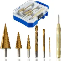 Discountershop Stappenboor / Trappenboor Set 7-delig – Universele Trapboren met 7 Stappen – Titanium Gecoat HSS – Voor Metaal, Hout en Kunststof – Met Centerpons en Koffer