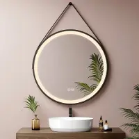 Emke LED Wandspiegel met Ophangriem - OLM04 - Dimbaare Verlichting met 3 Lichtkleuren - 70CM - IP44 Hangspiegel voor Badkamer Slaapkamer & Hal