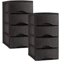 PlasticForte Ladeblok - 2x - 4 lades - kunststof - bruin - rotan - bureau organizer - 26 x 37 x 49 cm
