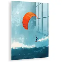 MuchoWow Glasschilderij 120x160 cm - Schilderij acrylglas - Kitesurfer - Oranje - Zee - Lucht - Foto op glas - Muurdecoratie woonkamer - Wanddecoratie slaapkamer - Schilderijen
