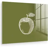 MuchoWow Glasschilderij 160x120 cm - Schilderij acrylglas - Lijntekening - Appel - Olijfgroen - Blaadje - Foto op glas - Muurdecoratie woonkamer - Wanddecoratie slaapkamer - Schilderijen