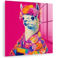 MuchoWow Glasschilderij 20x20 cm - Schilderij acrylglas - Lama - Kimono - Bloemenkrans - Felroze - Foto op glas - Muurdecoratie woonkamer - Wanddecoratie slaapkamer - Schilderijen