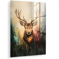 MuchoWow Glasschilderij 120x160 cm - Schilderij acrylglas - Hert - Geverfd - Gewei - Bruin - Foto op glas - Muurdecoratie woonkamer - Wanddecoratie slaapkamer - Schilderijen