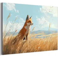 MuchoWow Aluminium schilderij 60x40 cm - Wanddecoratie metaal - Vos - Gras - Wolken - Oranje - Metalen muurdecoratie woonkamer - Decoratie industrieel - Foto op dibond - Industriële accessoires slaapkamer