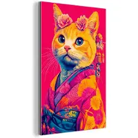 MuchoWow Aluminium schilderij 120x180 cm - Wanddecoratie metaal - Kat - Kimono - Bloemen - Roze - Metalen muurdecoratie woonkamer - Decoratie industrieel - Foto op dibond - Industriële accessoires slaapkamer