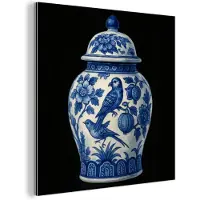 MuchoWow Aluminium schilderij 20x20 cm - Wanddecoratie metaal - Pot - Delfts Blauw - Bloemen - Metalen muurdecoratie woonkamer - Decoratie industrieel - Foto op dibond - Industriële accessoires slaapkamer