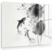 MuchoWow Glasschilderij 160x120 cm - Schilderij acrylglas - Lotusbloemen - Vissen - Bladeren - Zwart - Foto op glas - Muurdecoratie woonkamer - Wanddecoratie slaapkamer - Schilderijen