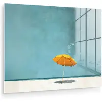 MuchoWow Glasschilderij 160x120 cm - Schilderij acrylglas - Parasol - Geel - Strand - Zee - Foto op glas - Muurdecoratie woonkamer - Wanddecoratie slaapkamer - Schilderijen