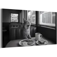 MuchoWow Aluminium schilderij 40x20 cm - Wanddecoratie metaal - Kat - Koffie - Brood - Zwart - Metalen muurdecoratie woonkamer - Decoratie industrieel - Foto op dibond - Industriële accessoires slaapkamer