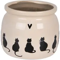 Clayre & Eef Keramiek Bloempot voor Binnen – Zwarte Katten – Rustieke Pot – Ø 16 cm – Kattenmotief