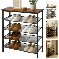 Cheqo Luxe Schoenenrek met Tafelblad - Schoenenkast - Opbergen van Schoenen - Hout Metaal - Verstelbare Poten - Zwart