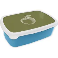 MuchoWow Broodtrommel Blauw - Lunchbox Lijntekening - Appel - Olijfgroen - Blaadje - Brooddoos 18x12x6 cm - Brood lunch box - Broodtrommels voor kinderen en volwassenen