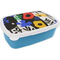MuchoWow Broodtrommel Blauw - Lunchbox Bloemen - Bladeren - Abstract - Zwart - Brooddoos 18x12x6 cm - Brood lunch box - Broodtrommels voor kinderen en volwassenen