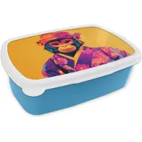 MuchoWow Broodtrommel Blauw - Lunchbox Aap - Kimono - Bloemen - Hoofdtooi - Brooddoos 18x12x6 cm - Brood lunch box - Broodtrommels voor kinderen en volwassenen