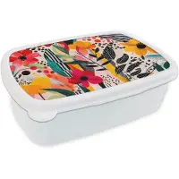 MuchoWow Broodtrommel Wit - Lunchbox Bloemen - Bladeren - Abstract - Kleurrijk - Brooddoos 18x12x6 cm - Brood lunch box - Broodtrommels voor kinderen en volwassenen