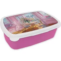 MuchoWow Broodtrommel Roze - Lunchbox Pink - City - Bloemen - Brooddoos 18x12x6 cm - Brood lunch box - Broodtrommels voor kinderen en volwassenen